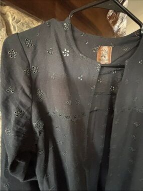 Black linen eyelet open midi coat XS